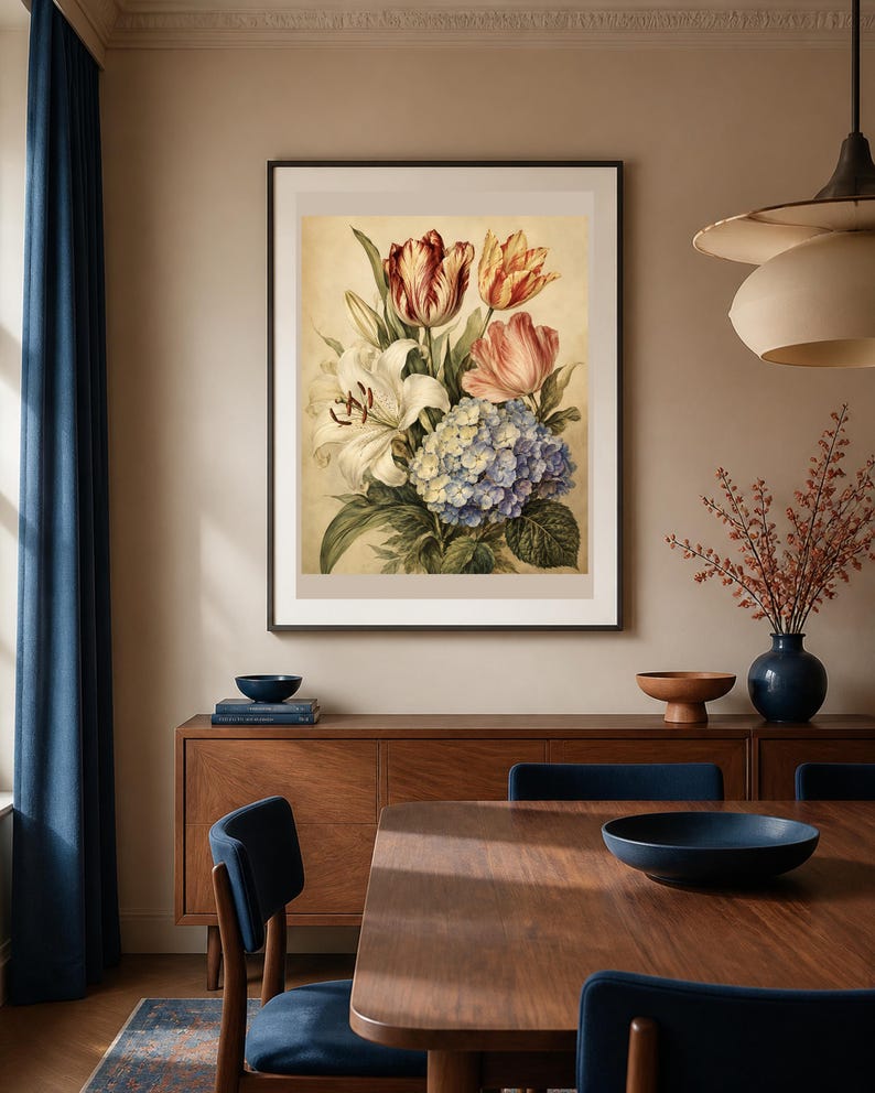 May include: A framed wall art print featuring a botanical illustration of a floral bouquet. The arrangement includes a white lily, a blue hydrangea, and red and yellow tulips with green leaves, all set against a light beige background.