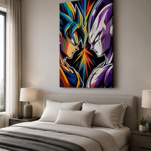 Peut inclure: Une toile murale rectangulaire repr&eacute;sentant une illustration stylis&eacute;e et vibrante de deux personnages d'anime se faisant face de profil. Le personnage de gauche a des cheveux bleus en pointe et des v&ecirc;tements orange, celui de droite est violet et blanc.