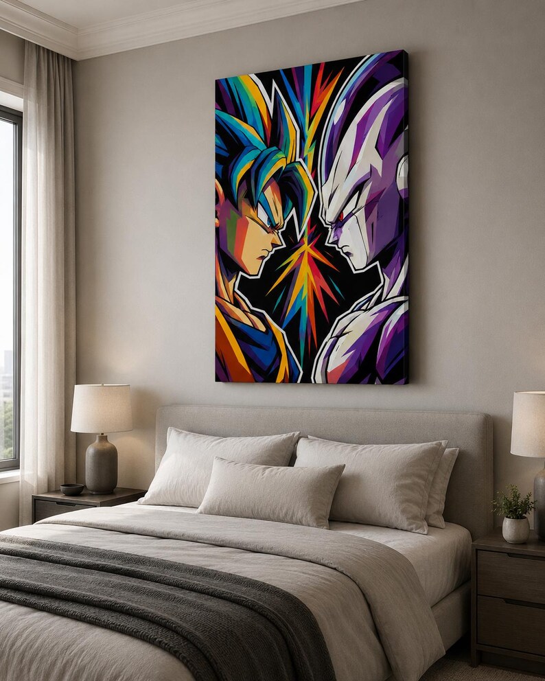 Peut inclure: Une toile murale rectangulaire repr&eacute;sentant une illustration stylis&eacute;e et vibrante de deux personnages d'anime se faisant face de profil. Le personnage de gauche a des cheveux bleus en pointe et des v&ecirc;tements orange, celui de droite est violet et blanc.