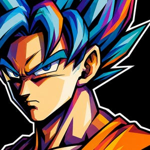 May include: A vibrant pop art style illustration of a character with spiky blue hair, intense blue eyes, and a serious expression. The figure wears an orange and blue garment, rendered with bold, high-contrast colors and sharp geometric shading.