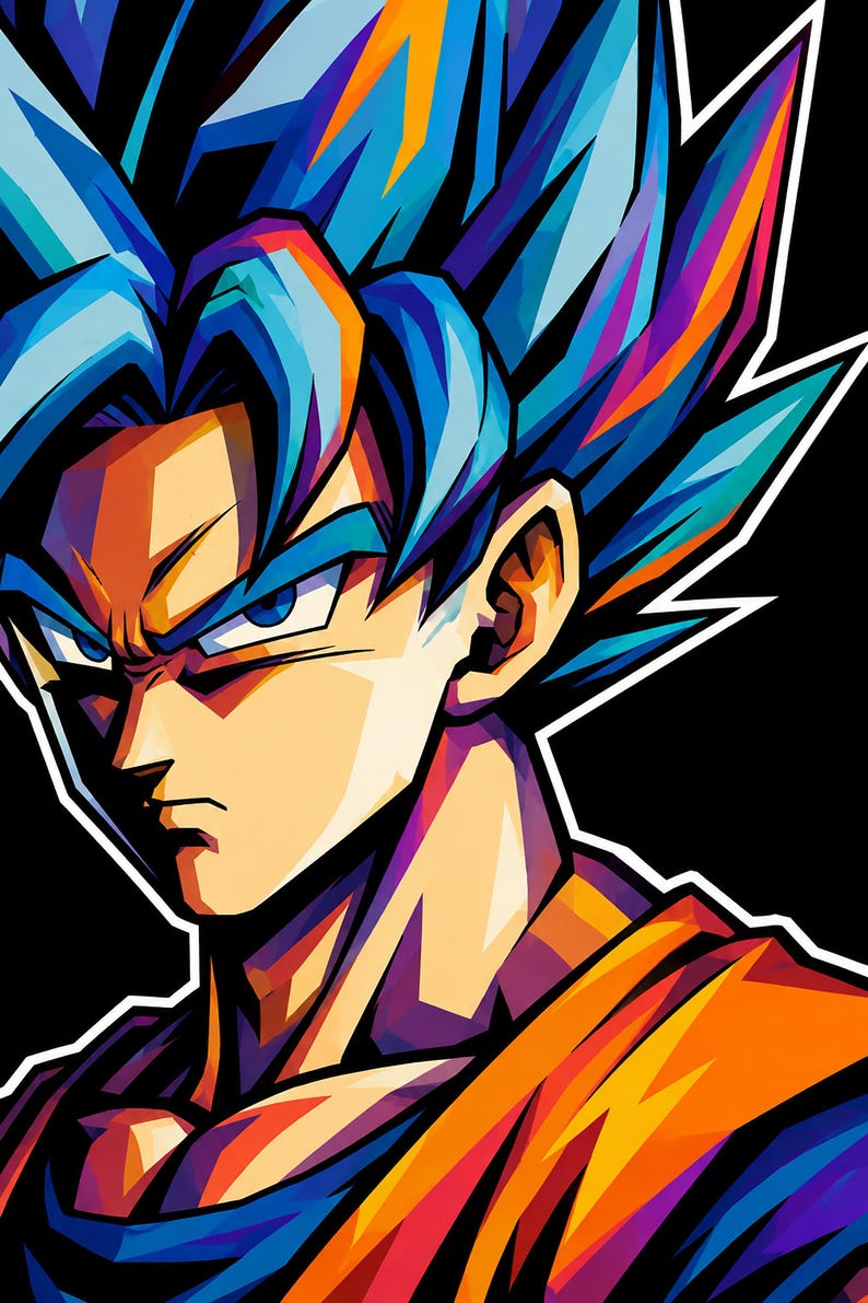 May include: A vibrant pop art style illustration of a character with spiky blue hair, intense blue eyes, and a serious expression. The figure wears an orange and blue garment, rendered with bold, high-contrast colors and sharp geometric shading.