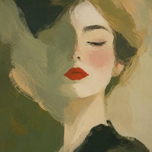 May include: An oil painting portrait featuring a person with closed eyes, pale skin, and vibrant red lips. The composition uses broad, visible brushstrokes in shades of olive green, dark forest green, and muted beige, creating a textured effect.