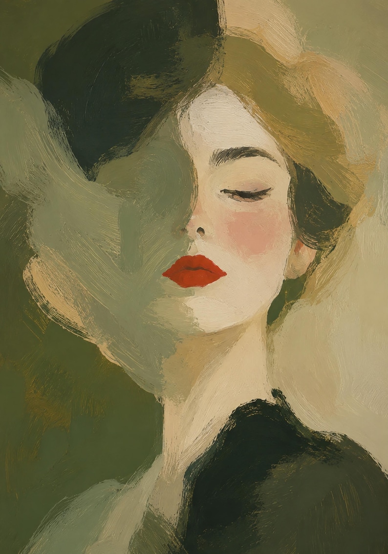 May include: An oil painting portrait featuring a person with closed eyes, pale skin, and vibrant red lips. The composition uses broad, visible brushstrokes in shades of olive green, dark forest green, and muted beige, creating a textured effect.