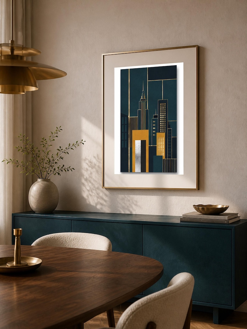 Puede incluir: Una l&aacute;mina de arte mural vertical enmarcada que muestra un horizonte urbano estilizado en azul marino profundo, acentuado con l&iacute;neas doradas verticales, un bloque amarillo mostaza s&oacute;lido y una secci&oacute;n rectangular plateada, con un paspart&uacute; blanco.