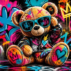 May include: A brown teddy bear wearing bright turquoise sunglasses and a black jacket covered in colourful graffiti art. The bear sits against a vibrant wall featuring neon pink, blue, and yellow spray paint designs, including crowns, hearts, and abstract shapes.