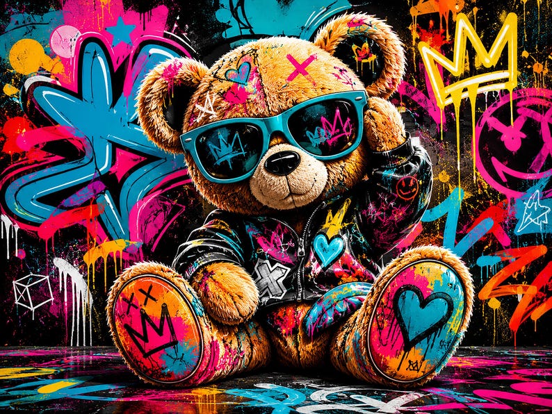 May include: A brown teddy bear wearing bright turquoise sunglasses and a black jacket covered in colourful graffiti art. The bear sits against a vibrant wall featuring neon pink, blue, and yellow spray paint designs, including crowns, hearts, and abstract shapes.