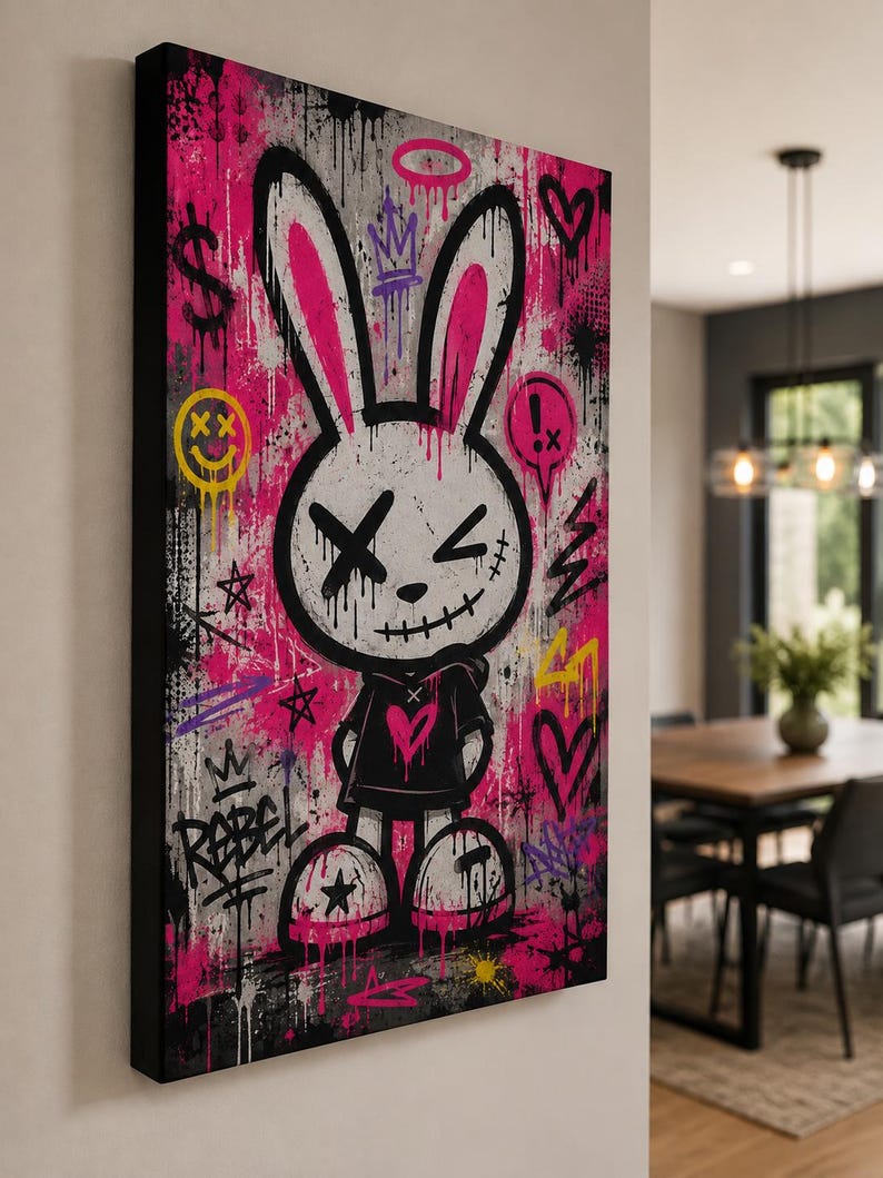May include: A rectangular canvas wall art piece featuring a stylized white rabbit character with black stitched eyes and mouth, wearing a black hoodie with a pink heart. The background is a vibrant mix of pink and gray graffiti with symbols.