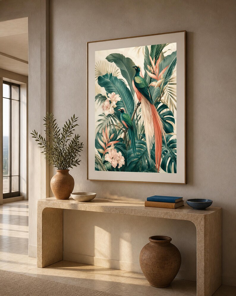 Puede incluir: Una impresi&oacute;n de arte mural vertical enmarcada que muestra dos aves quetzal posadas entre un exuberante follaje tropical, incluyendo grandes hojas de monstera verde oscuro, hojas de palma y flores de hibisco rosa p&aacute;lido sobre un fondo crema.