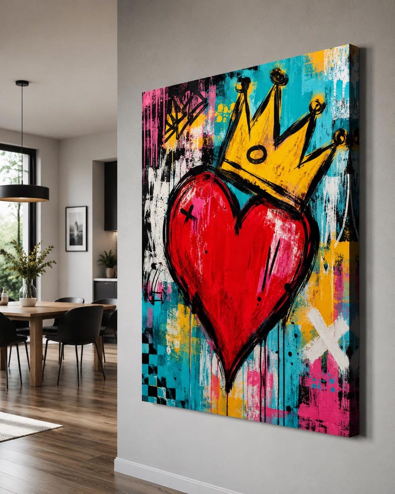 May include: A rectangular canvas wall art piece featuring a large, central red heart topped with a yellow crown. The background is a vibrant, abstract composition of turquoise, black, white, pink, and yellow paint splatters, drips, and geometric marks.