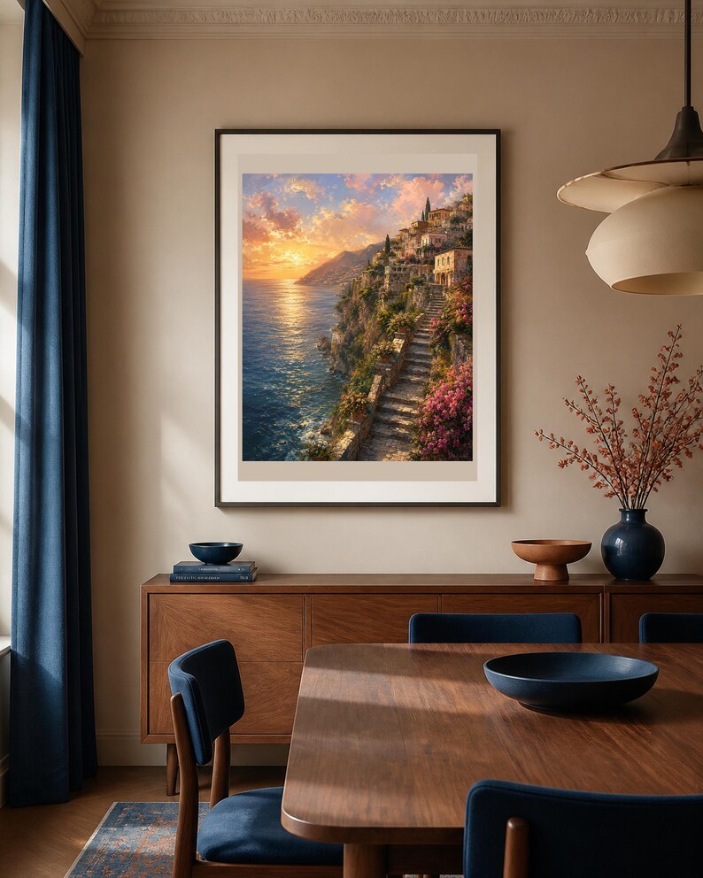Peut inclure: Une impression d'art mural verticale encadr&eacute;e repr&eacute;sentant un paysage c&ocirc;tier m&eacute;diterran&eacute;en au coucher du soleil. La sc&egrave;ne montre des b&acirc;timents en pierre sur une falaise, un escalier sinueux, des fleurs roses et un soleil dor&eacute; sur l'oc&eacute;an.