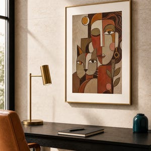 May include: A framed wall art print featuring a stylized cubist-inspired portrait of a person and a cat. The artwork uses a warm color palette of terracotta, beige, and brown tones, depicting geometric facial features, a crescent moon, and foliage.