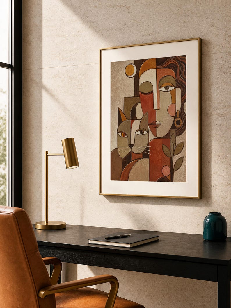 May include: A framed wall art print featuring a stylized cubist-inspired portrait of a person and a cat. The artwork uses a warm color palette of terracotta, beige, and brown tones, depicting geometric facial features, a crescent moon, and foliage.