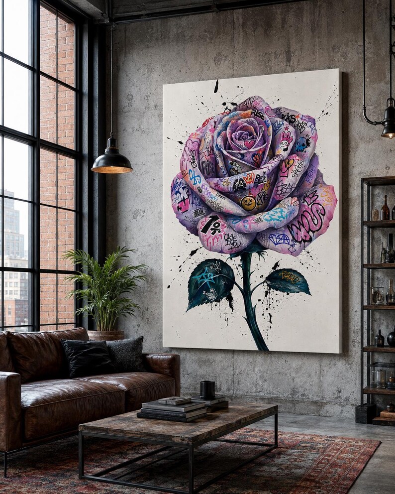 Puede incluir: Un gran lienzo rectangular para pared que presenta una rosa central de color morado y rosa cubierta con etiquetas, s&iacute;mbolos y texto coloridos al estilo grafiti. La flor tiene un tallo verde oscuro y dos hojas, con salpicaduras de pintura negra.