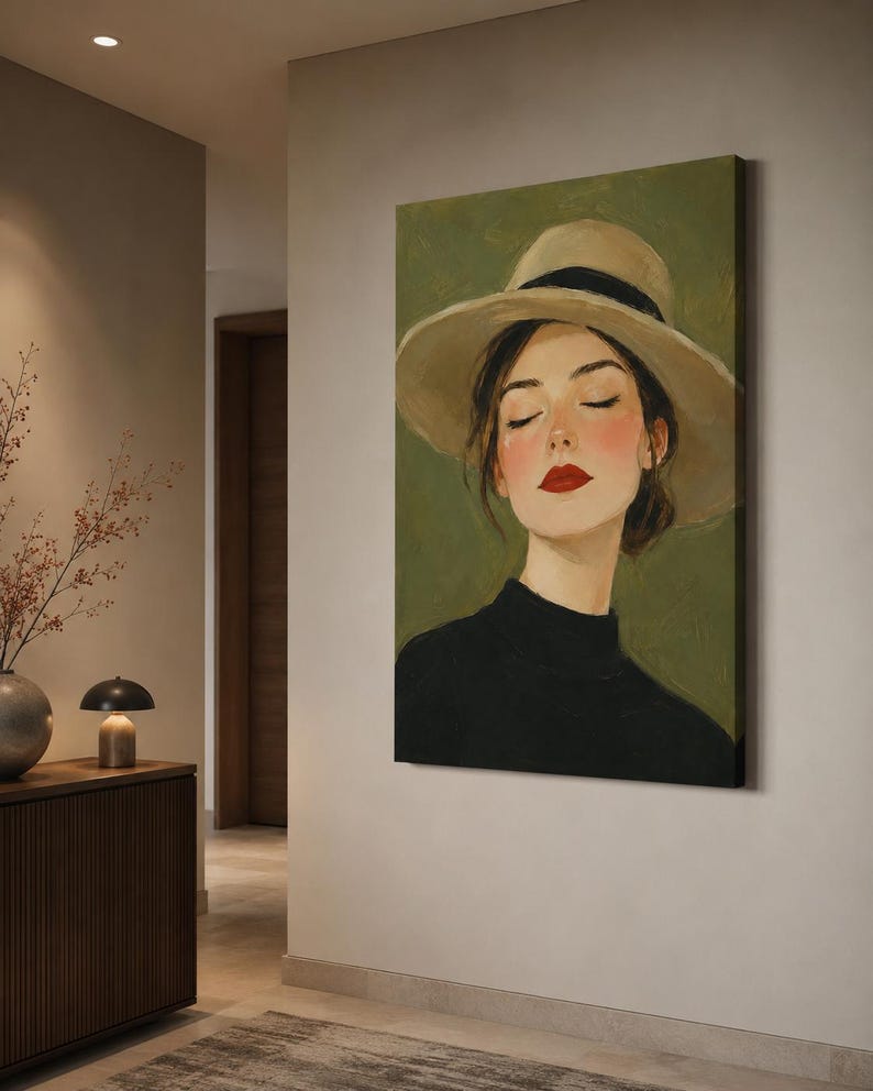 May include: A vertical canvas wall art print featuring an oil painting of a person with closed eyes, wearing a wide-brimmed beige hat with a black band and a black high-neck top. The subject has rosy cheeks and bright red lipstick against a muted olive green background.