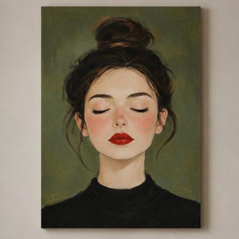 Puede incluir: Un retrato al &oacute;leo de una persona con cabello casta&ntilde;o oscuro recogido en un mo&ntilde;o alto, ojos cerrados y labios rojo brillante. El sujeto viste una prenda negra de cuello alto sobre un fondo verde oliva texturizado con pinceladas visibles.