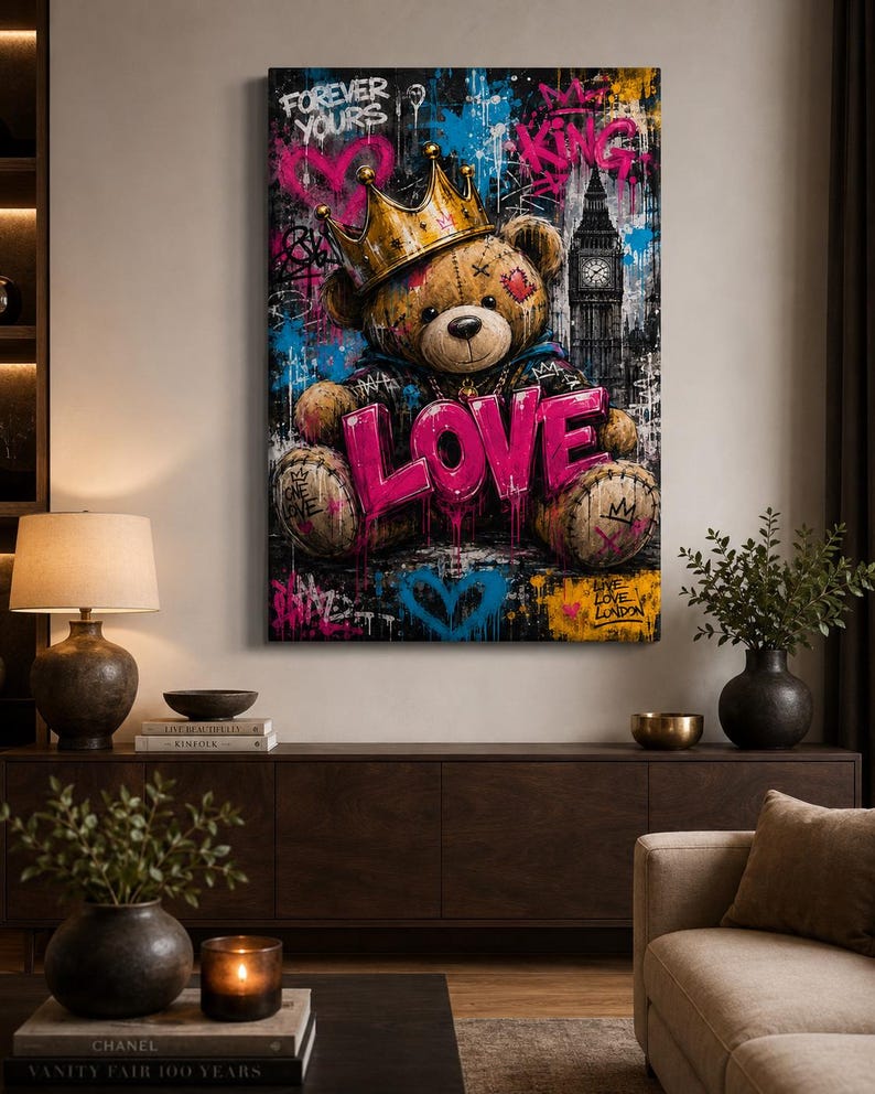 May include: A rectangular wall art print featuring a brown teddy bear wearing a gold crown, set against a dark graffiti-style background with blue and pink accents. The word LOVE is written in large pink letters, with Big Ben visible in the back.