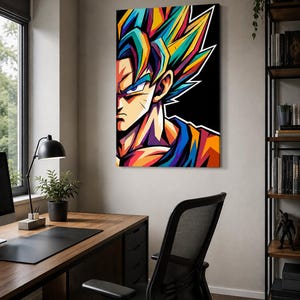 Op de afbeelding: Een verticale wandkunstprint met een gestileerd, kleurrijk portret van een personage met stekelig haar in tinten blauw, geel en oranje. Het kunstwerk gebruikt gedurfde lijnen en een contrastrijke zwarte achtergrond om de gelaatstrekken te defini&euml;ren.
