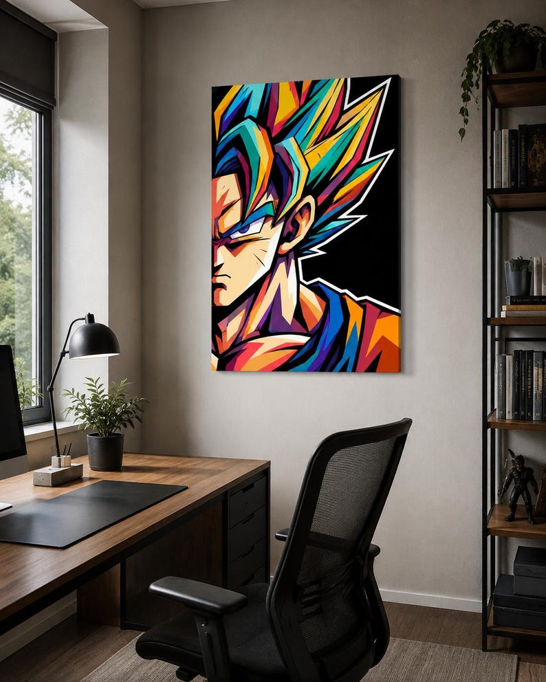Op de afbeelding: Een verticale wandkunstprint met een gestileerd, kleurrijk portret van een personage met stekelig haar in tinten blauw, geel en oranje. Het kunstwerk gebruikt gedurfde lijnen en een contrastrijke zwarte achtergrond om de gelaatstrekken te defini&euml;ren.