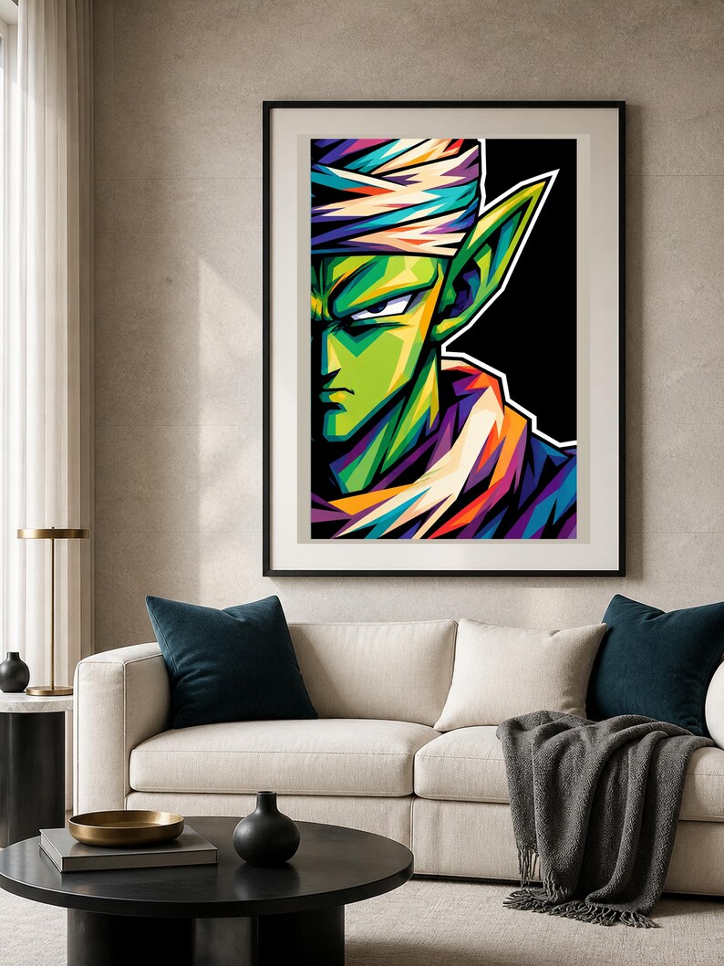 May include: A framed wall art print featuring a stylized, colorful portrait of a green-skinned character with pointed ears, wearing a white turban and a purple garment, set against a stark black background with bold, angular lines and vibrant shading.