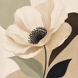 K&ouml;nnte beinhalten: Ein Wandkunstdruck mit einer gro&szlig;en, blassbeigen Blume mit zarten, geschichteten Bl&uuml;tenbl&auml;ttern und einer dunklen, strukturierten Mitte. Die Blume ist vor einem Hintergrund aus weichen, ged&auml;mpften Formen in Salbeigr&uuml;n, Creme und Braun mit dunkelgr&uuml;nen Bl&auml;ttern platziert.