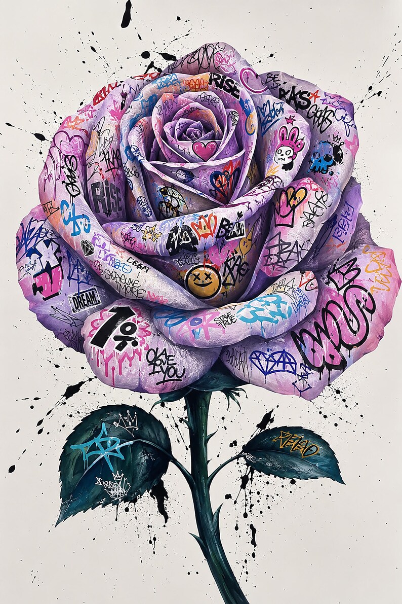 Puede incluir: Una gran ilustraci&oacute;n de una rosa morada cubierta con coloridos grafitis, s&iacute;mbolos y textos que incluyen "RISE", "DREAM" y "LOVE YOU". La flor presenta un icono de cara sonriente amarilla en un p&eacute;talo, sobre un fondo blanco con salpicaduras de pintura negra.