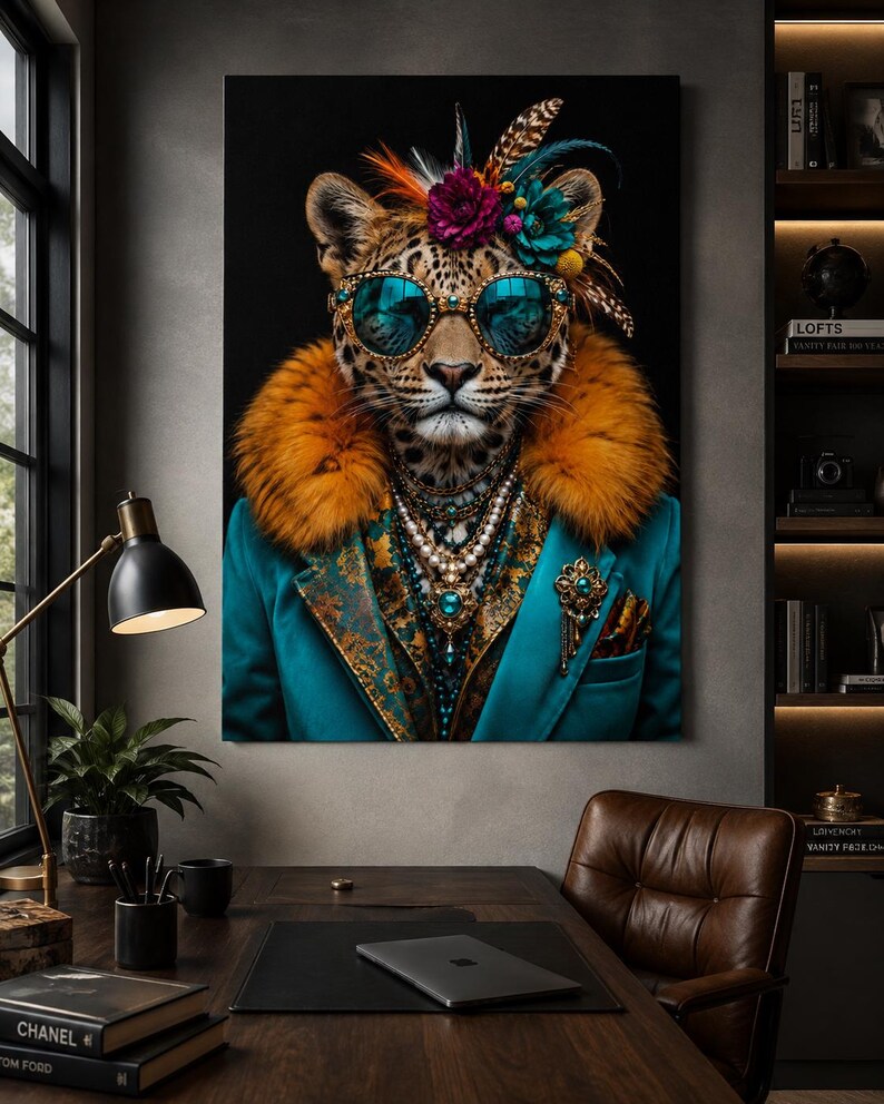 Pu&ograve; includere: Una stampa artistica da parete raffigurante un leopardo con occhiali da sole color ottanio, un colletto in pelliccia sintetica arancione brillante e un blazer color ottanio. Il leopardo indossa collane di perle, una spilla e un ornamento floreale.