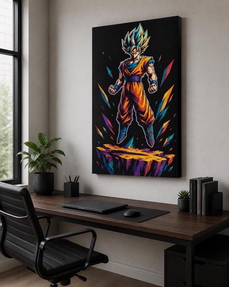 Puede incluir: Un lienzo rectangular de pared que presenta una ilustraci&oacute;n vibrante de un personaje con cabello puntiagudo, vestido con un gi naranja y botas azules, flotando sobre una plataforma dentada. La obra utiliza colores llamativos sobre fondo negro.