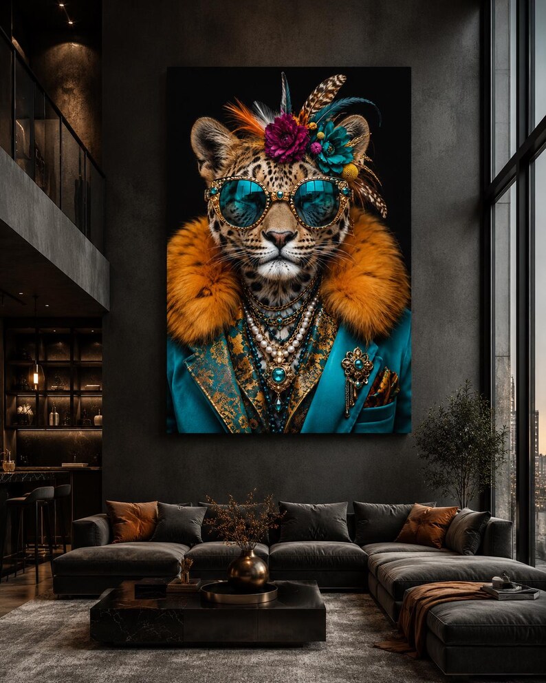 Pu&ograve; includere: Una stampa artistica da parete raffigurante un leopardo con occhiali da sole color ottanio, un grande colletto in pelliccia sintetica arancione e un blazer ottanio con motivi dorati, decorato con collane di perle, una spilla e un copricapo floreale.