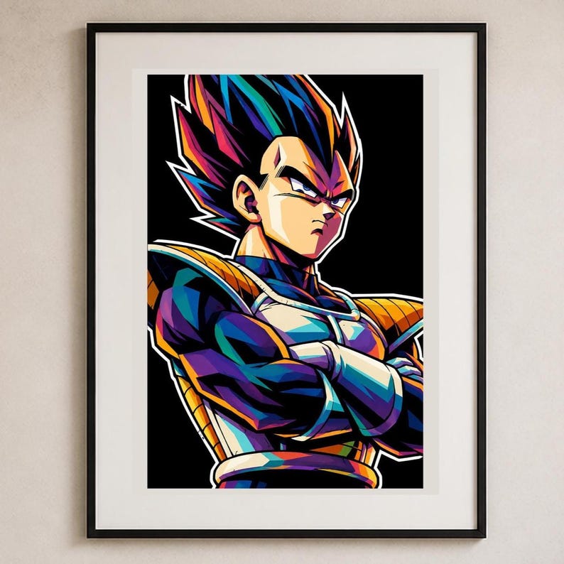 May include: A framed wall art print featuring a stylized illustration of the character Vegeta from Dragon Ball Z. The character has spiky dark hair, a stern expression, and wears gold and blue armor with arms crossed against a black background.