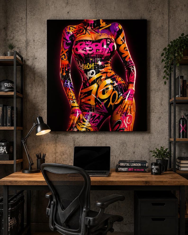 Puede incluir: Una impresi&oacute;n de arte mural cuadrada que muestra un torso con un body ajustado y brillante cubierto de arte callejero estilo grafiti. El dise&ntilde;o incluye salpicaduras de pintura rosa, naranja y amarilla, etiquetas y letras abstractas sobre un fondo negro.