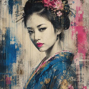 Puede incluir: Un retrato de una persona con cabello oscuro peinado en un recogido adornado con accesorios florales rosas y horquillas doradas. La persona viste un kimono azul con patrones florales dorados y l&aacute;piz labial rosa brillante. El fondo presenta gotas de pintura abstracta azul y rosa con caracteres japoneses.