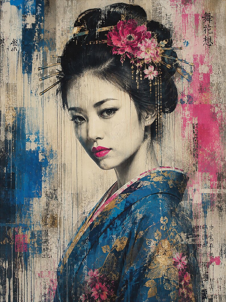 Puede incluir: Un retrato de una persona con cabello oscuro peinado en un recogido adornado con accesorios florales rosas y horquillas doradas. La persona viste un kimono azul con patrones florales dorados y l&aacute;piz labial rosa brillante. El fondo presenta gotas de pintura abstracta azul y rosa con caracteres japoneses.