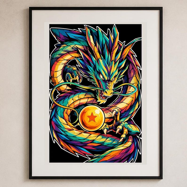 K&ouml;nnte beinhalten: Ein gerahmter Kunstdruck, der einen farbenfrohen Drachen mit scharfen, kantigen Schuppen in Blau-, Violett-, Orange- und Gelbt&ouml;nen zeigt. Der Drache ist um eine leuchtend orangefarbene Kugel gewickelt, die mit einem einzelnen roten Stern markiert ist.