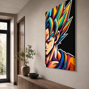 Op de afbeelding: Een rechthoekige canvas print met een gestileerd, levendig portret van een personage met stekelig haar. Het kunstwerk gebruikt gedurfde, verzadigde kleuren waaronder blauw, geel, oranje en paars tegen een effen zwarte achtergrond.