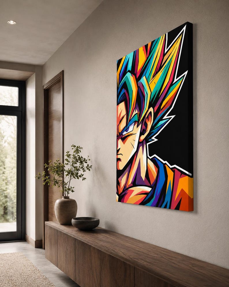 Op de afbeelding: Een rechthoekige canvas print met een gestileerd, levendig portret van een personage met stekelig haar. Het kunstwerk gebruikt gedurfde, verzadigde kleuren waaronder blauw, geel, oranje en paars tegen een effen zwarte achtergrond.