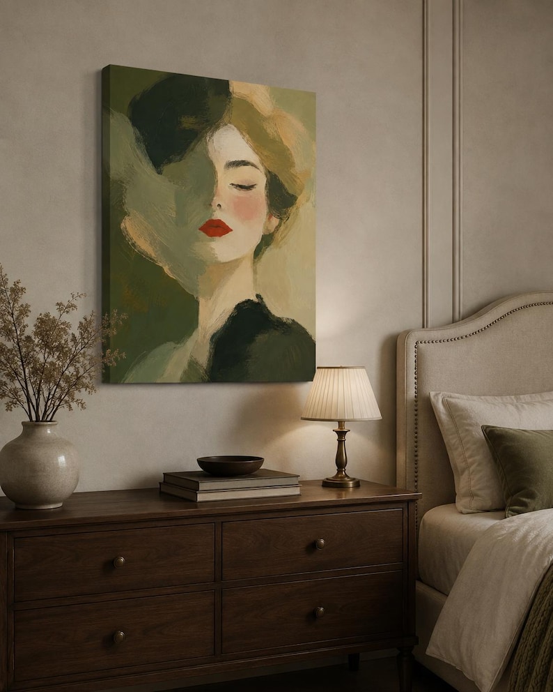 May include: A rectangular canvas wall art print featuring an impressionistic oil painting of a person with closed eyes, pale skin, and bright red lips. The portrait uses a palette of olive green, dark forest green, and soft beige tones.