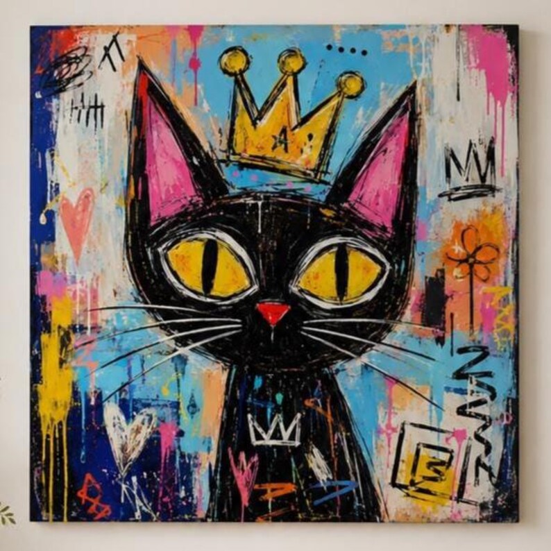 Pode incluir: Uma pintura em tela quadrada apresentando um gato preto estilizado com grandes olhos amarelos e orelhas internas cor-de-rosa, usando uma coroa dourada. O fundo &eacute; uma mistura vibrante de salpicos de tinta azul, branca, amarela e rosa com desenhos de linhas pretas de cora&ccedil;&otilde;es e coroas.