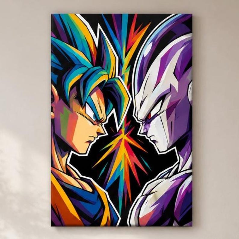 Peut inclure: Une impression murale rectangulaire pr&eacute;sentant une illustration stylis&eacute;e et vibrante de deux personnages d'anime se faisant face. Le personnage de gauche a des cheveux bleus en pointe et une tenue orange, celui de droite est violet et blanc.