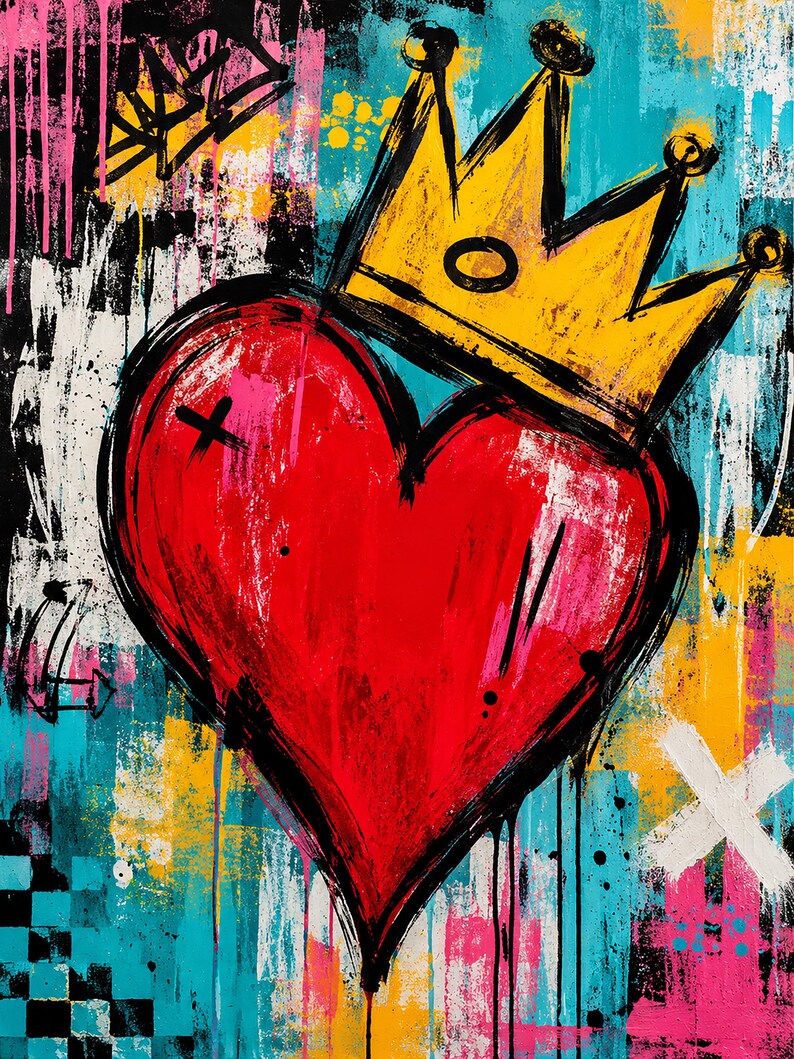 May include: A vibrant street art painting featuring a large, bold red heart centered in the composition, topped with a bright yellow crown. The background is a chaotic mix of turquoise, yellow, pink, black, and white paint splatters and brushstrokes.