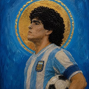 May include: An oil painting on canvas depicting a soccer player with curly dark hair, wearing a light blue and white striped jersey with the AFA crest, holding a black and white soccer ball, set against a blue background with a gold halo.