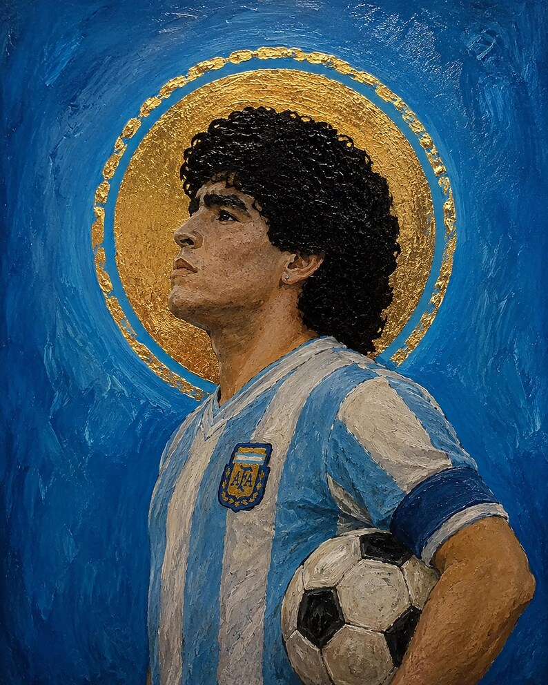 May include: An oil painting on canvas depicting a soccer player with curly dark hair, wearing a light blue and white striped jersey with the AFA crest, holding a black and white soccer ball, set against a blue background with a gold halo.