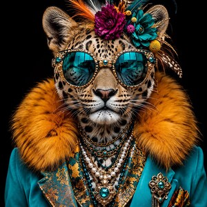 Pu&ograve; includere: Un leopardo con occhiali da sole color ottanio, un colletto in pelliccia sintetica arancione vivace e un blazer ottanio con dettagli dorati. Il leopardo indossa collane a strati di perle e perline, una spilla dorata e un copricapo floreale.