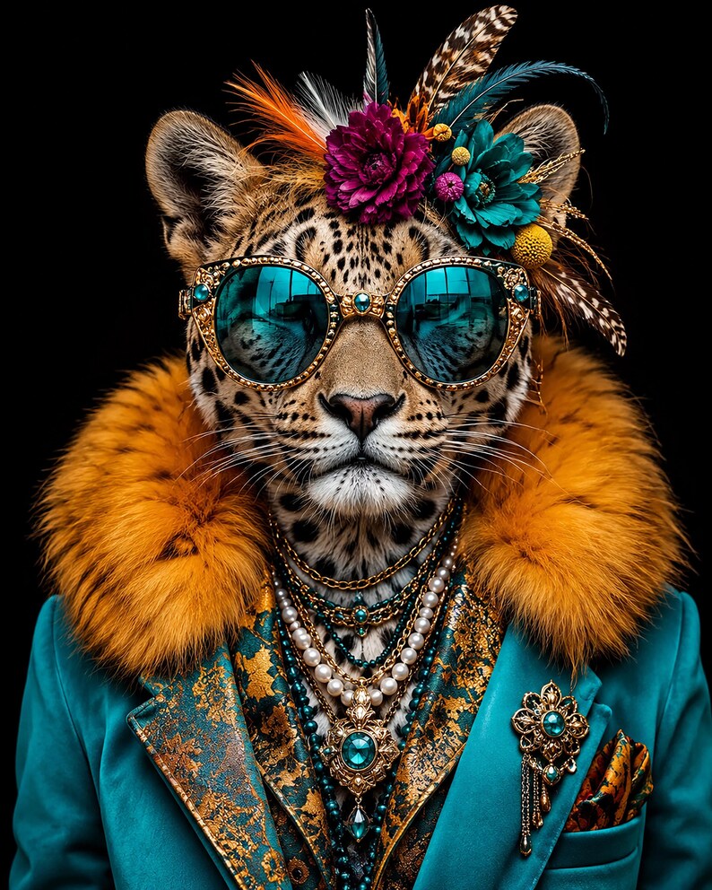 Pu&ograve; includere: Un leopardo con occhiali da sole color ottanio, un colletto in pelliccia sintetica arancione vivace e un blazer ottanio con dettagli dorati. Il leopardo indossa collane a strati di perle e perline, una spilla dorata e un copricapo floreale.
