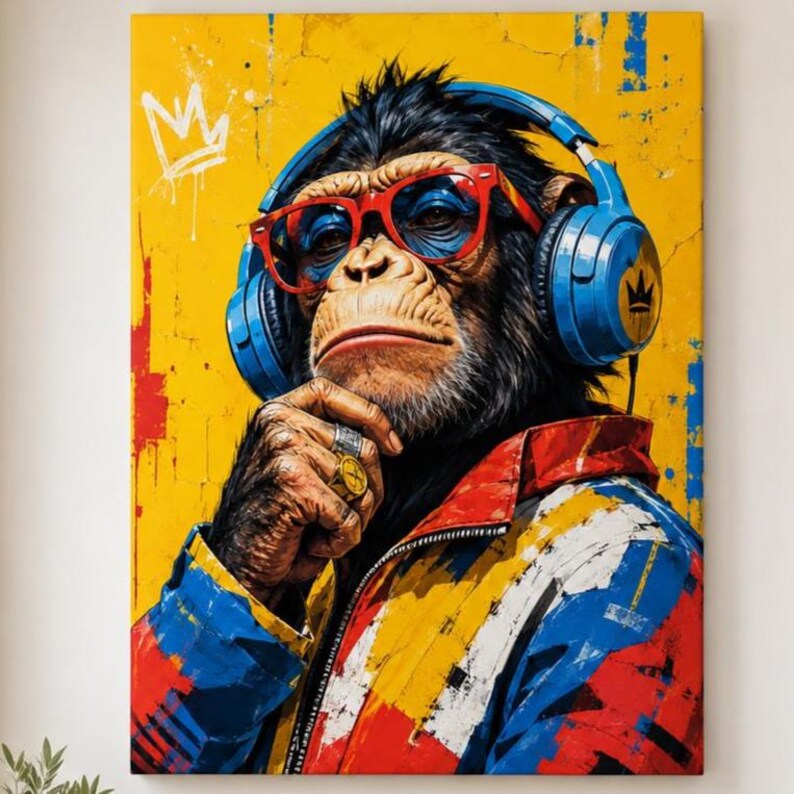 May include: A canvas print featuring a chimpanzee wearing bright red-rimmed glasses and large blue headphones. The chimpanzee wears a colorful jacket with red, blue, and yellow patterns. A white crown graphic is visible on the yellow background.