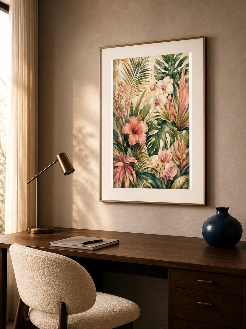 May include: A framed vertical wall art print featuring a lush tropical botanical illustration. The artwork displays vibrant pink hibiscus flowers, white orchids, and large green monstera leaves set against a warm, textured beige background.