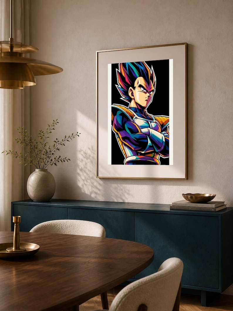 May include: A framed wall art print featuring a stylized illustration of a character with spiky dark hair, wearing blue and yellow armor with shoulder pads, standing with arms crossed against a solid black background in a vibrant color palette.
