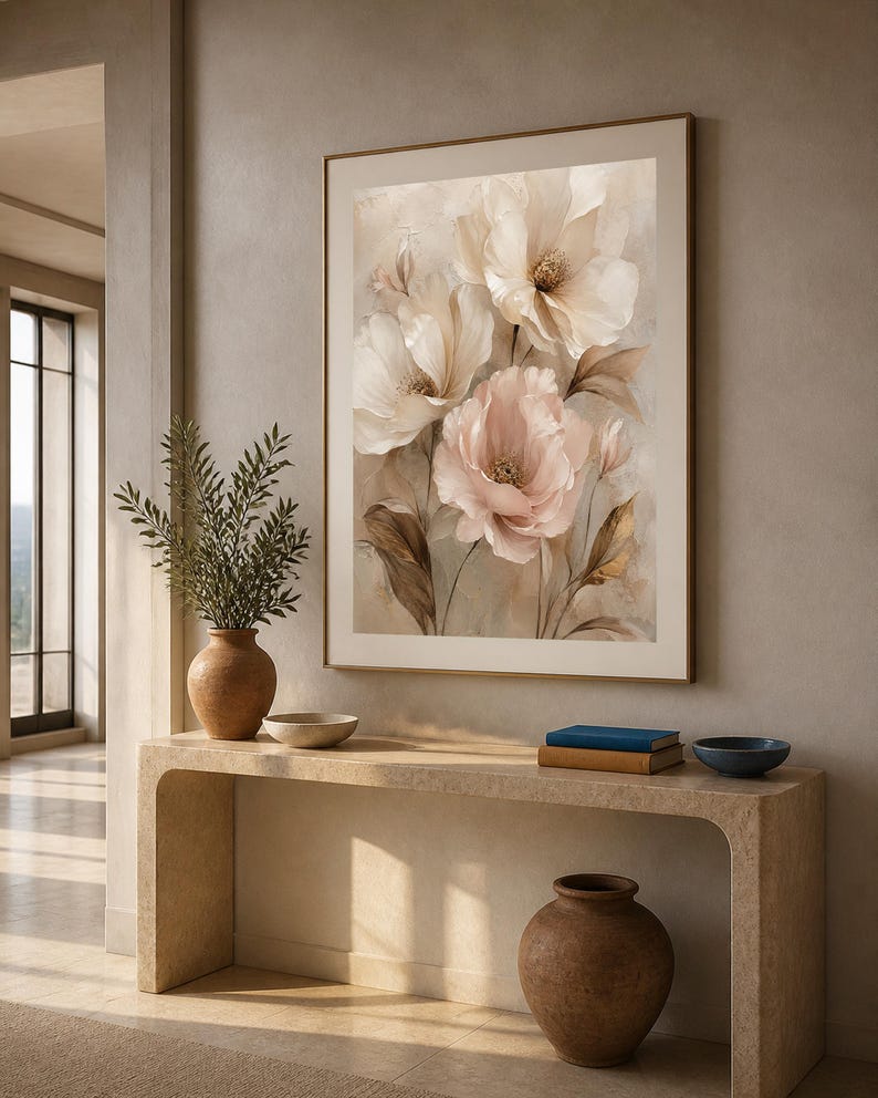 May include: A framed wall art print featuring a soft-toned floral illustration with large, layered petals in shades of cream, pale pink, and muted brown. The artwork displays delicate brushwork and organic shapes, presented in a thin gold frame.