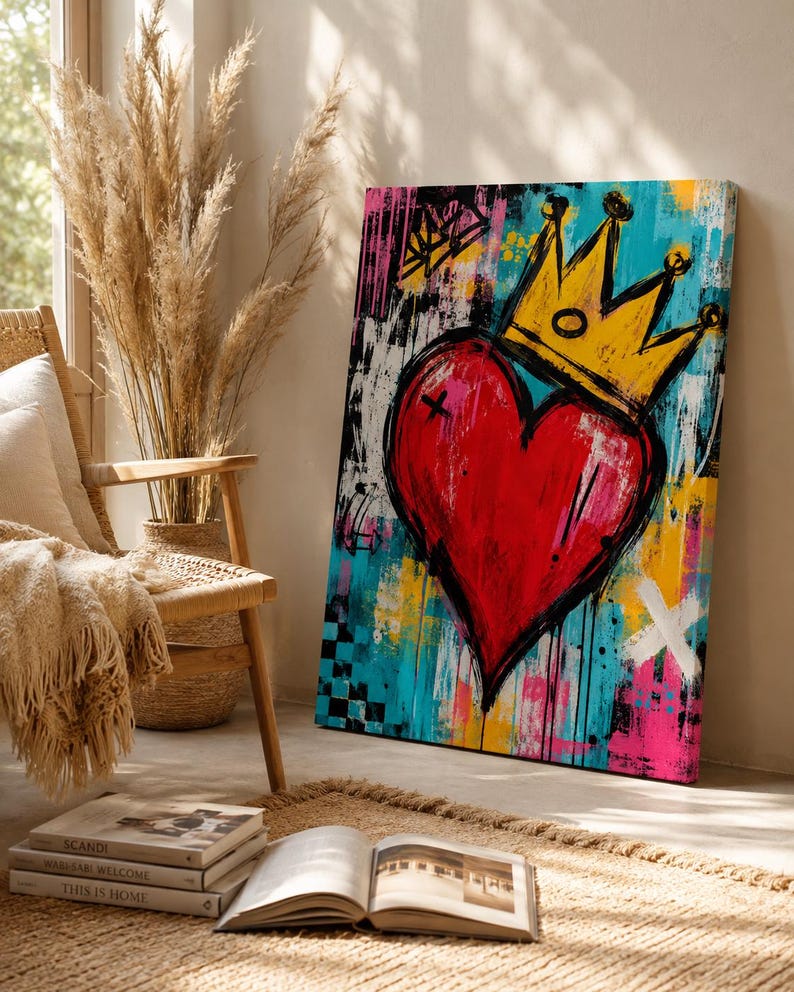 May include: A rectangular canvas painting featuring a large, vibrant red heart centered in the composition, topped with a bold yellow crown. The background is a chaotic mix of bright blue, pink, and yellow paint splatters with black brushstrokes.