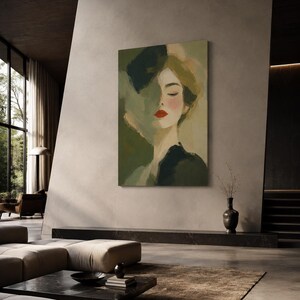 May include: A rectangular wall art print featuring an impressionistic portrait of a person with closed eyes and vibrant red lips. The artwork utilizes a muted color palette of olive green, sage, and soft beige tones with visible brushstrokes.