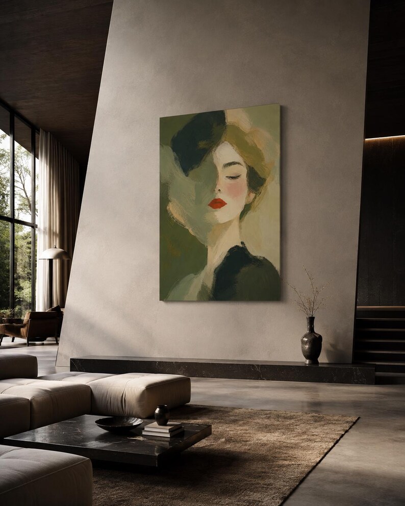 May include: A rectangular wall art print featuring an impressionistic portrait of a person with closed eyes and vibrant red lips. The artwork utilizes a muted color palette of olive green, sage, and soft beige tones with visible brushstrokes.